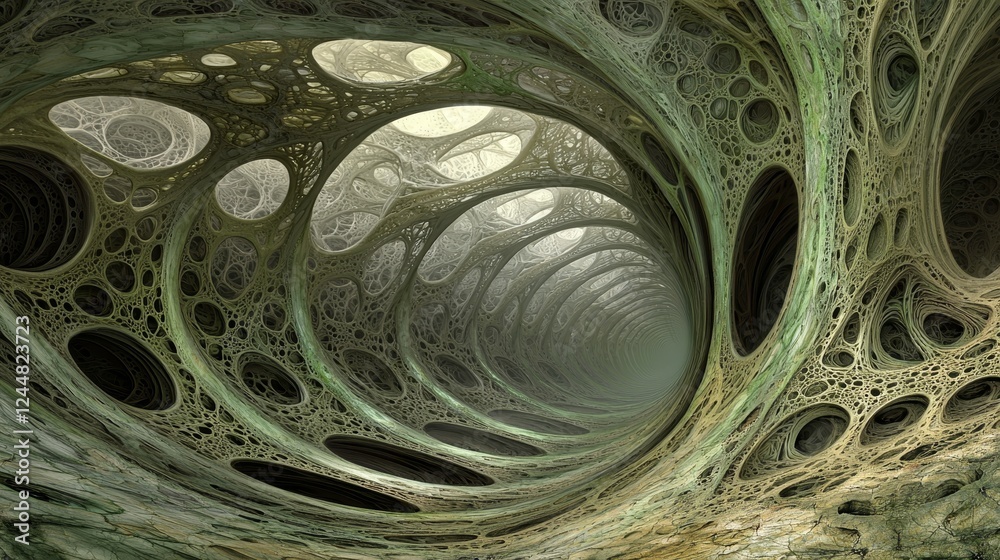 Poster engaging abstract patterns representing cellular structures and forms
