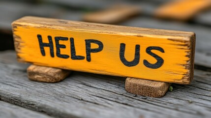 Wooden sign with the words "HELP US" painted in yellow on a weathered gray wooden surface.