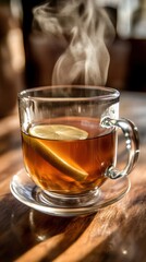 Enjoying a warm cup of tea with lemon in a cozy setting on a chilly day