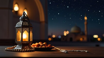 Mosque background muslim lamp and tasbih on table against night sky