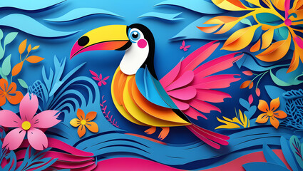 Obraz premium Colorful toucan bird, paper cut art style, tropical floral background, vibrant design, possible use for children's book cover