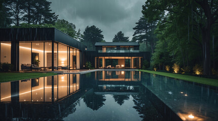Obraz premium Contemporary luxury home with minimalist decor glowing lamps and a serene pool on a cloudy rainy day Exterior Design Inspiration