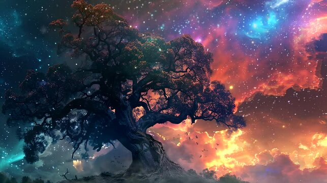 Majestic tree silhouetted against a vibrant cosmic nebula with glowing stars and colorful clouds in a surreal night sky. Seamless looping time lapse 4k video animation background