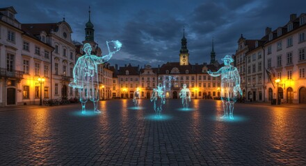 Fototapeta premium Holograms of historical figures projected in charming european square at dusk