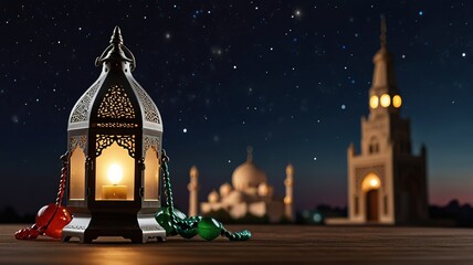 Fototapeta premium Mosque background muslim lamp and tasbih on table against night sky
