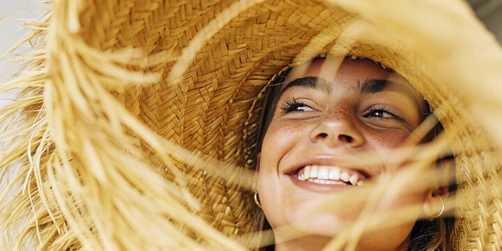 Joyful woman in woven hat with radiant smile and freckles, embracing summer vibes