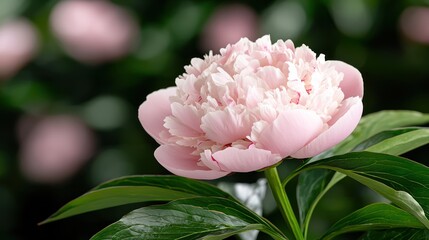 Obraz premium A close-up of a delicate pink peony flower surrounded by lush green leaves.
