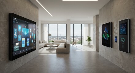 Modern smart home interior with digital touchscreen control panels and panoramic city views
