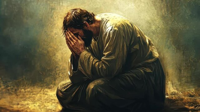 Man in deep contemplation kneeling under golden light