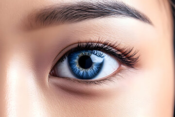 Fototapeta premium Close-up of a bright blue eye with long dark eyelashes and perfectly shaped eyebrow
