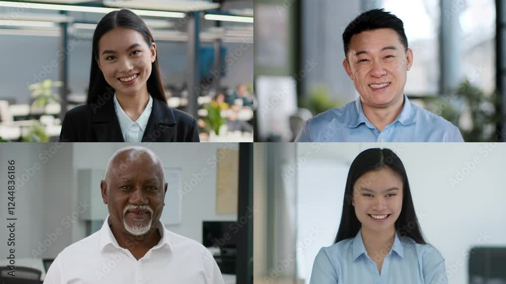 Poster a diverse group of four professionals, two women and two men, are smiling and engaging with the came