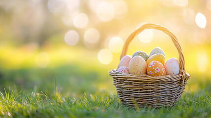 Fototapeta premium Pastel green decorative Easter eggs intricate floral elements elegant holiday composition soft warm artistic setting