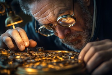 Man examining golden coins with a magnifying glass