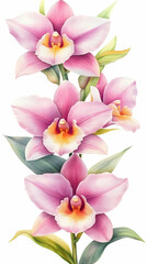 Obraz premium Pink Orchids Bloom Elegantly on a Stem with Delicate Petals and Leaves in a Botanical Illustration
