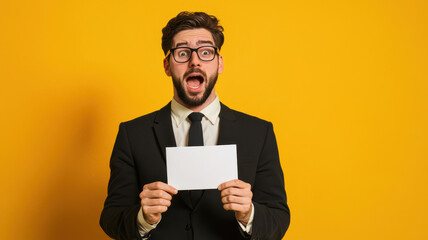 Job Interview Atmosphere Concept, Excited man in suit holding blank card against yellow background