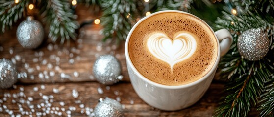 A cozy cup of coffee with heart latte art surrounded by festive decorations.