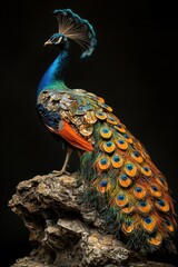 Flamboyant male peacock displayed against a stark black background, its vivid colors strikingly contrasted for dramatic effect.