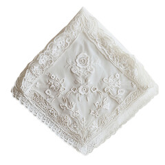 Delicate Lace Handkerchief with Floral Embroidery Isolated on Transparent Background
