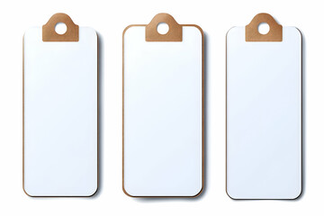 Three Blank White Tags with Brown Cardboard Borders and Hanging Holes Isolated on White Background.