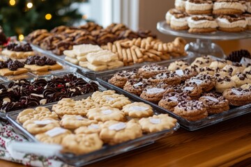 Assorted baked goods on a wooden table in a bakery