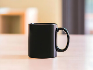 A Black Mug Stands on a Wooden Table in a Blurred Room Setting.