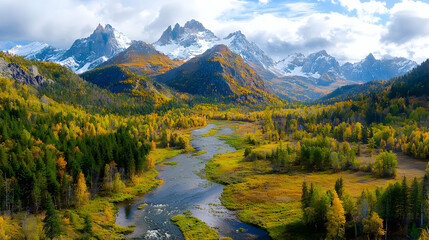 Obraz premium Autumnal river valley, snow-capped mountains, aerial view, nature landscape