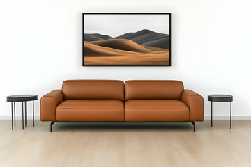 Modern Living Room Interior Design Showcases a Brown Leather Sofa, Black Side Tables, and Artwork of Rolling Hills