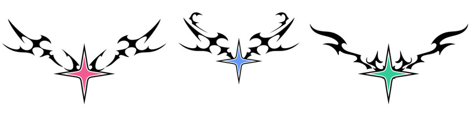 Star Shape with Neo tribal y2k gothic style tattoo Cyber sigilism spikes and sparks for streetwear print designs, spiky y2k aesthetic vector set