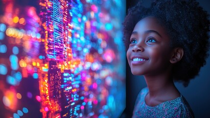 A child looks thoughtfully at a vibrant digital city display.