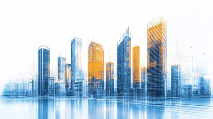 Abstract Cityscape Illustration with Blue and Orange Geometric Structures on White Background