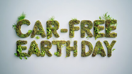 Car-Free Earth Day text made of green moss and plants promoting sustainability
