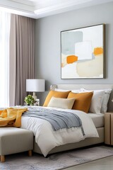 Cozy and Modern Bedroom with Neutral Tones, Stylish Decor, and Elegant Artwork, Featuring a Cozy Bed with Soft Bedding, Throw Pillows, and Natural Lighting