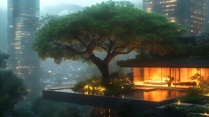 Rooftop Oasis Modern home, city night, tree, pool, fog
