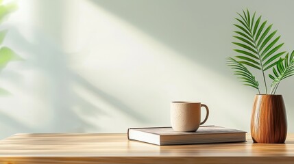 Serene Minimalist Workspace with Greenery, Coffee Mug and Book on Natural Wood Table Bathed in Soft Morning Light