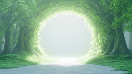Enchanted Oak Tunnel, a captivating natural archway of majestic oak trees guiding to a serene clearing, featuring a minimalist background and ample free space for tranquility.