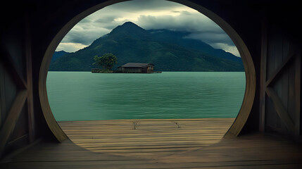 Fototapeta premium Secluded floating house amidst tranquil lake and majestic mountains viewed from a wooden deck.