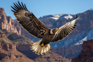 Obraz premium Eagle soaring over a canyon during a bright day
