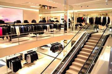 Obraz premium Escalator Connects Fashion Levels in Upscale Retail Store with Stylish Displays and Warm Lighting.