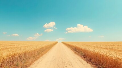 Golden Wheatfield Road, a serene dirt path meandering through lush fields of golden wheat, minimalist design with ample open space and a tranquil, clean aesthetic