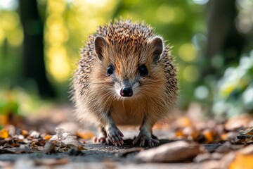 Naklejka premium Close-up of a hedgehog in autumn leaves