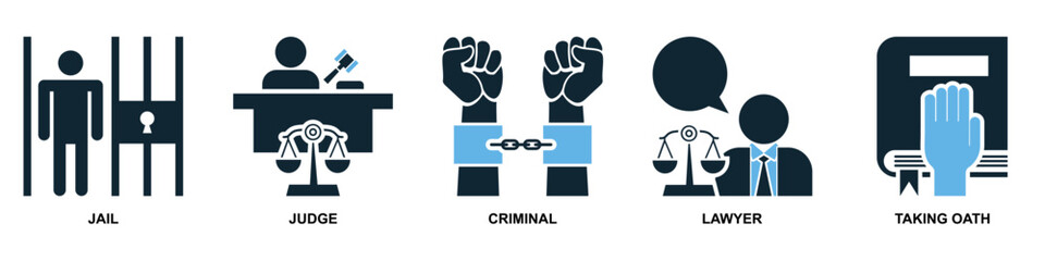 set of law and justice icon vector,  featuring scales of justice, a gavel, courthouse for law firms, judiciary, legal services, and regulations