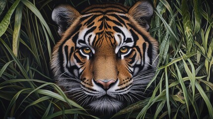 Fototapeta premium Majestic Tiger Hidden In Lush Green Foliage