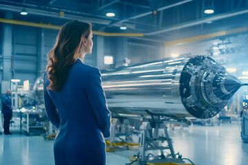 Female Engineer Inspects a Rocket Engine in a High-Tech Facility with Advanced Technology.