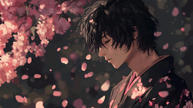 young emotional amine man stand with cherry bloom background.ai generative