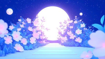 Moonflower Midnight Garden, a serene pathway illuminated by radiant moonflowers, softly glowing under the gentle embrace of moonlight, featuring a minimalist aesthetic and open space
