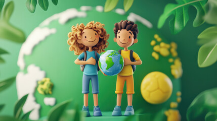 Cartoon 3D illustration of children celebrating Earth Day and saving the planet with a green eco-friendly theme