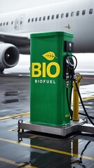 Green biofuel pump at an airport, symbolizing sustainable aviation fuel and eco-friendly energy solutions for reducing carbon emissions and promoting environmental responsibility in air travel

