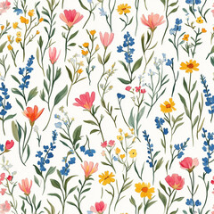 Hand-drawn wildflower pattern with watercolor brush strokes