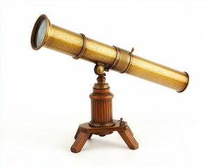 An antique brass telescope elegantly displayed on a wooden stand, perfect for collectors and astronomy enthusiasts alike. Isolated on white background