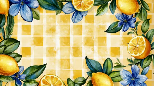 Bright lemons and blue flowers bordered yellow checkered background animation